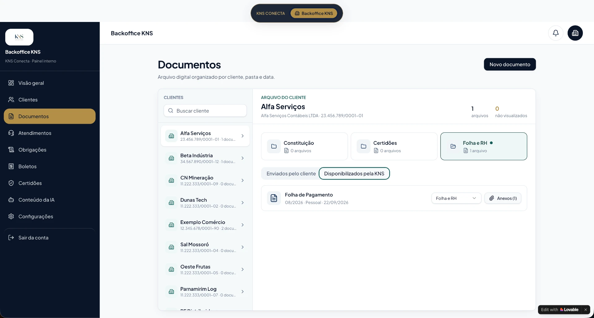 Arquivo digital de documentos por cliente no KNS Conecta