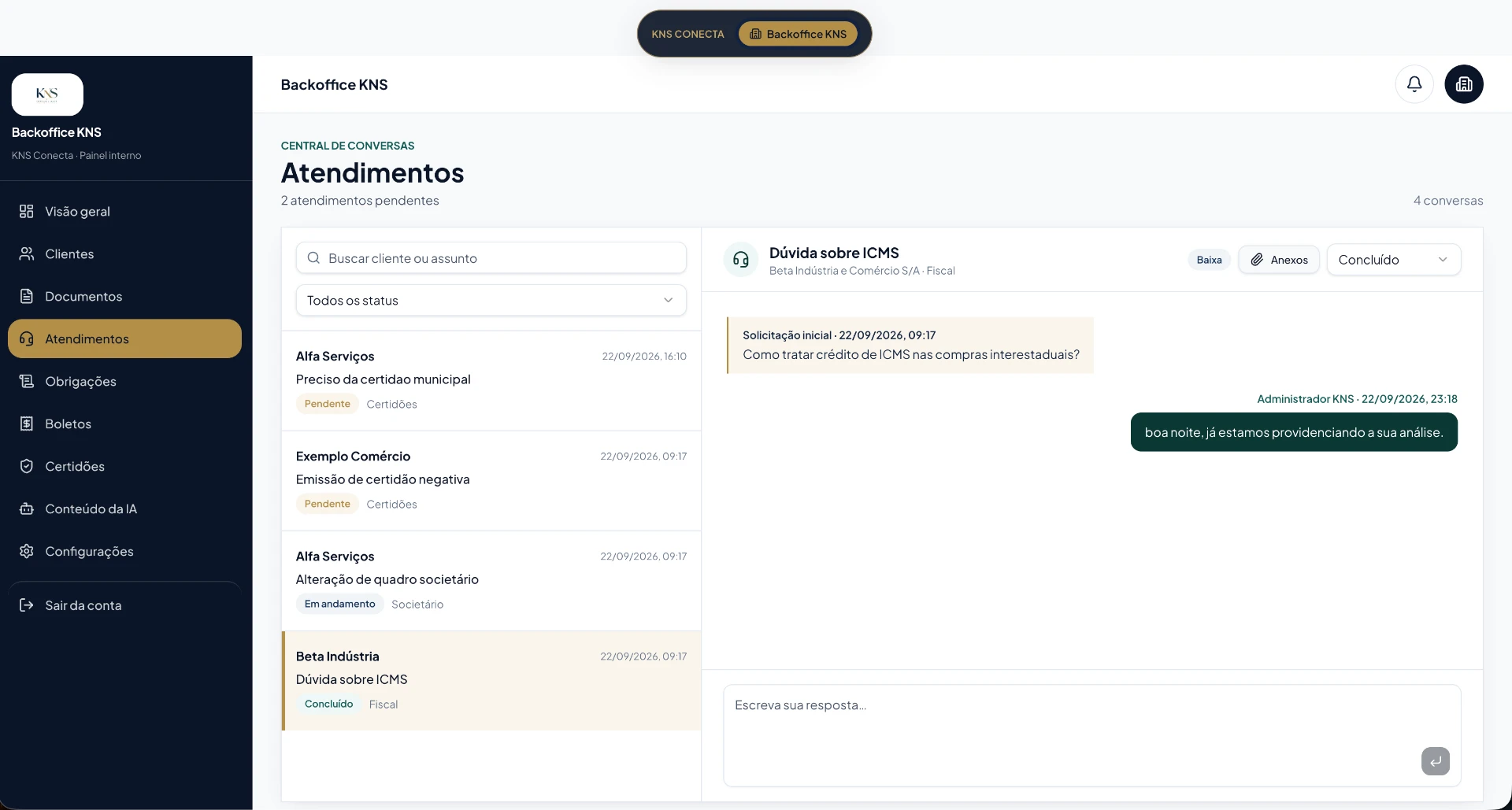 Central de atendimentos do backoffice KNS Conecta