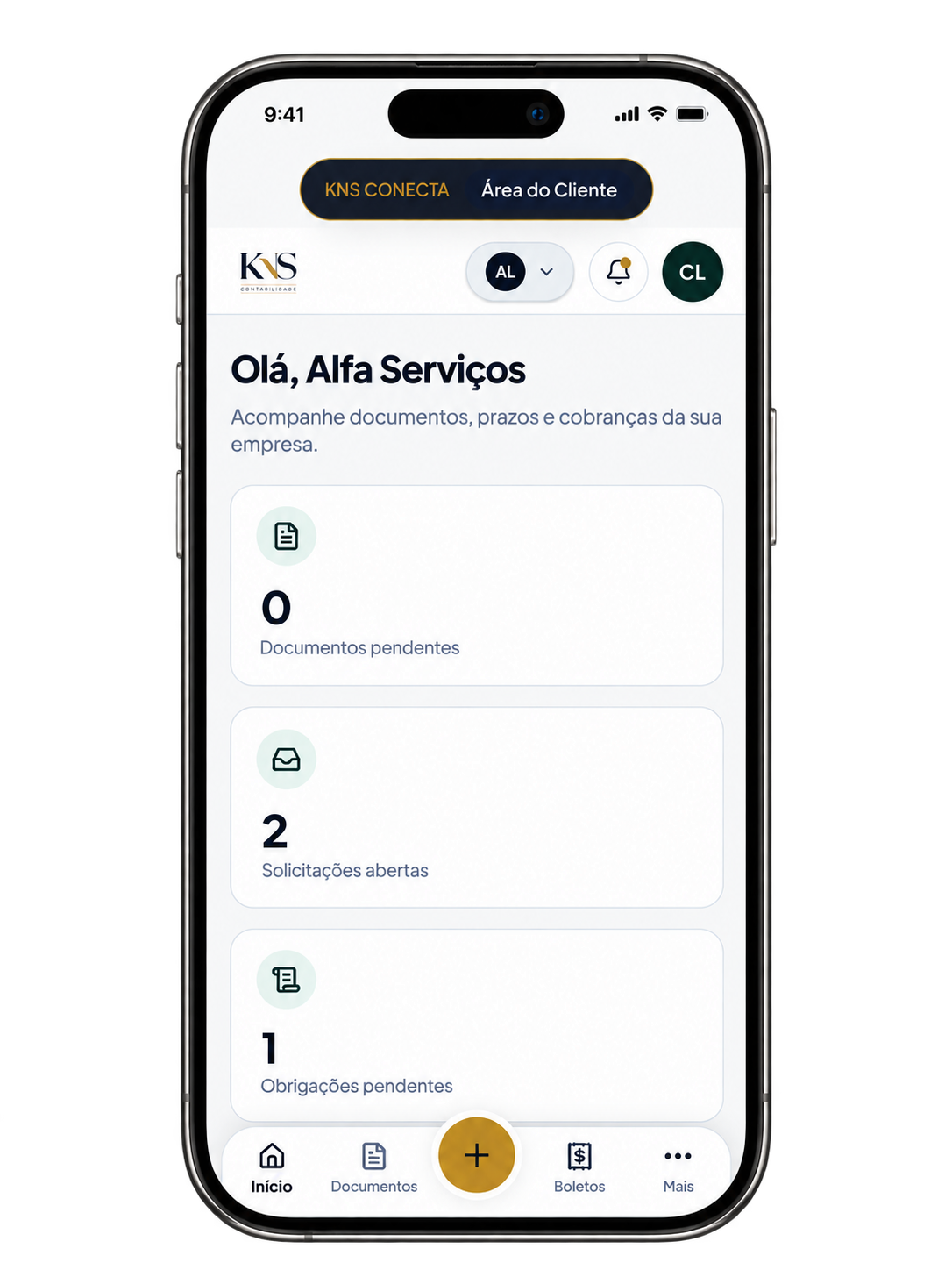 Área do cliente KNS Conecta em um smartphone